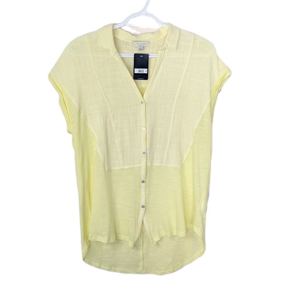 NEW Lucky Brand Woven Gauze Mixed Shirt Short Sleeve lemon yellow small @i